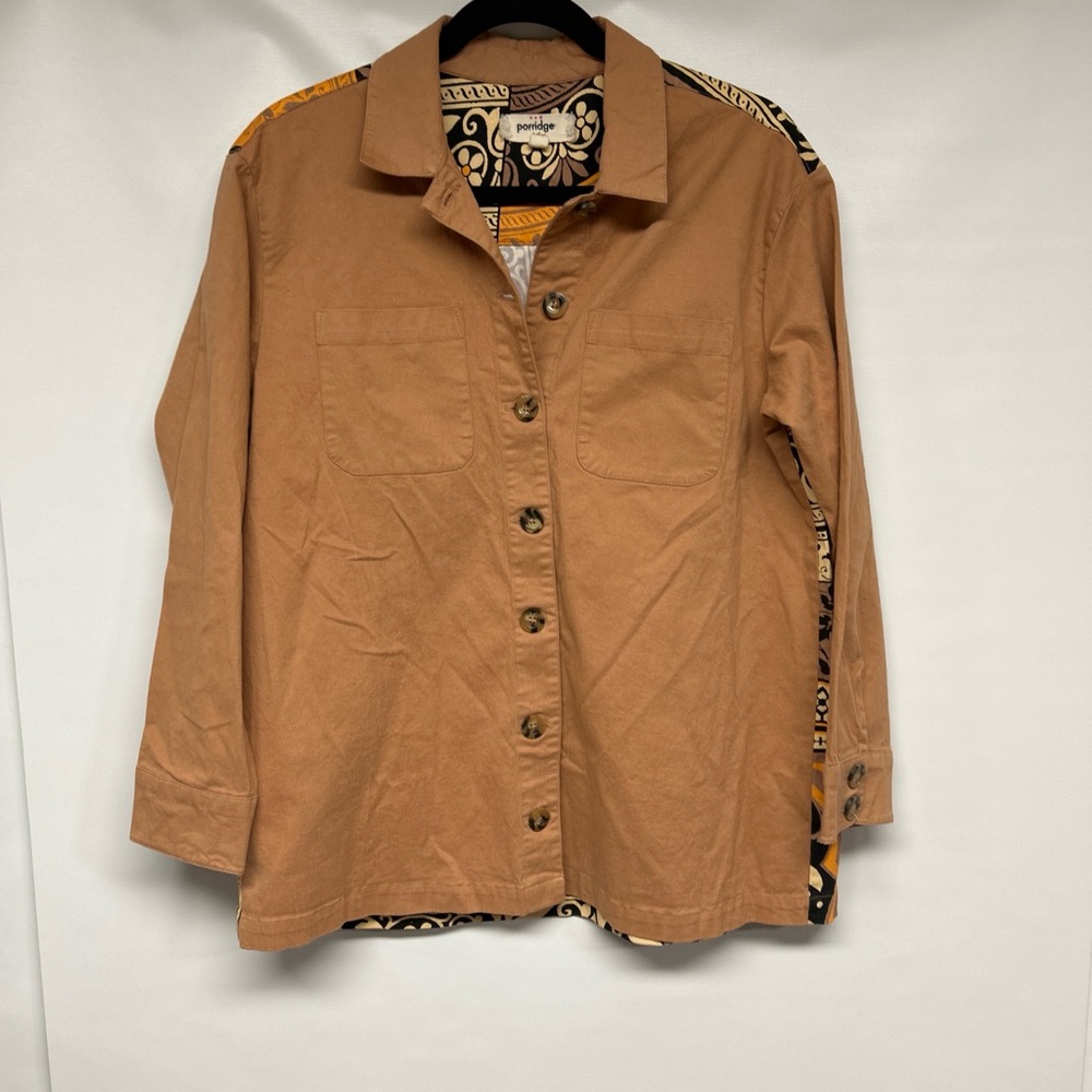 Porridge Brown Button-Up Jacket with Patterned Lining